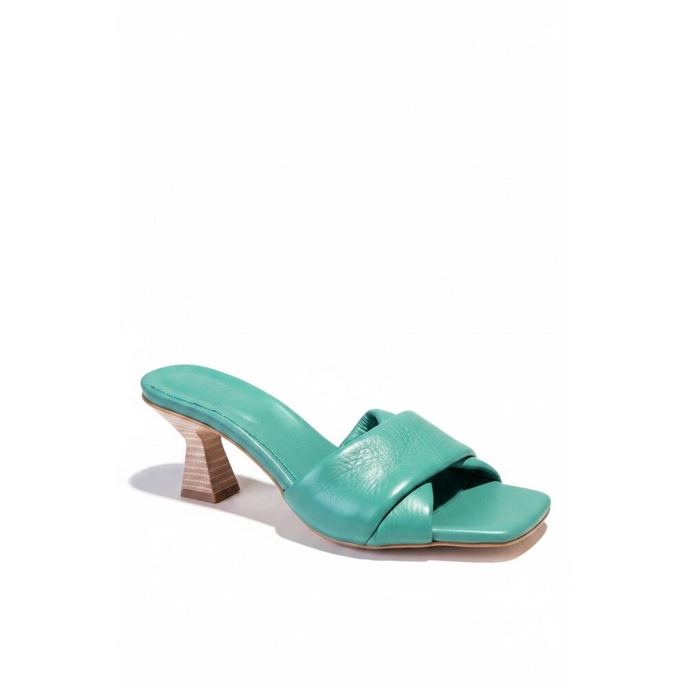 DNA Footwear Green Crossover Strap Square Toe Leather Mules Wooden Heel 39 8.5